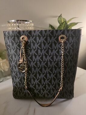 Michael Kors Black MK Logo Tote with Gold Hardware and Brown Handel  Straps